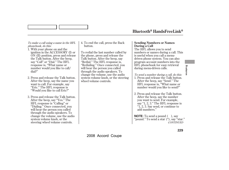 Bluetooth handsfreelink | HONDA 2008 Accord Coupe - Owner's Manual User Manual | Page 232 / 412