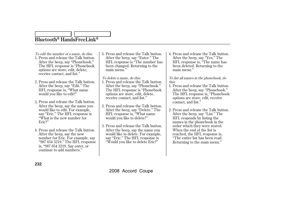 Bluetooth handsfreelink | HONDA 2008 Accord Coupe - Owner's Manual User Manual | Page 235 / 412