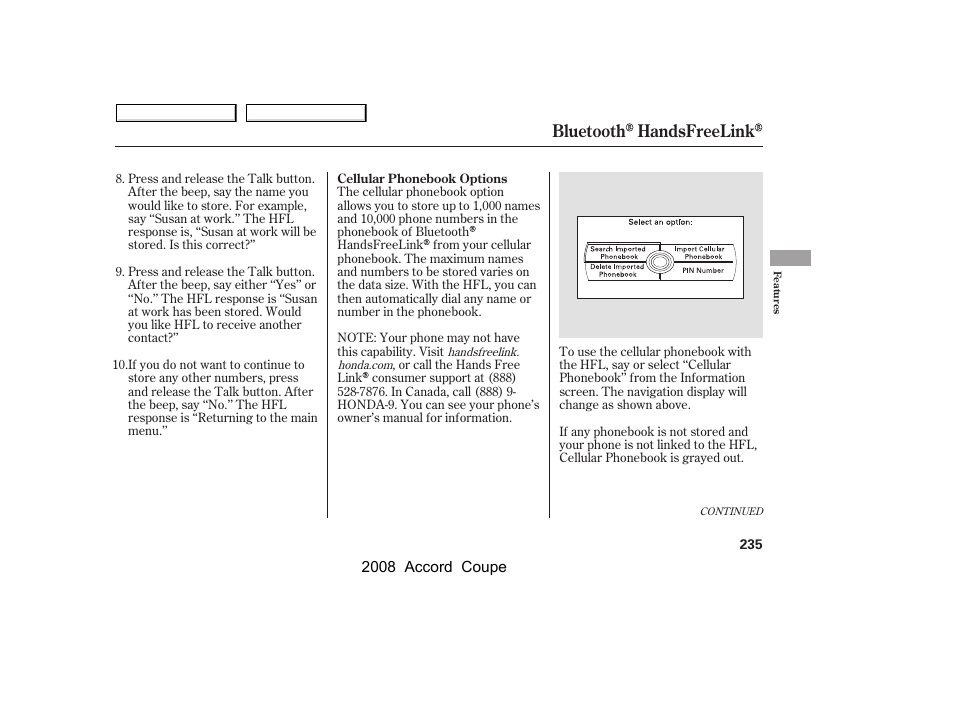 Bluetooth handsfreelink | HONDA 2008 Accord Coupe - Owner's Manual User Manual | Page 238 / 412