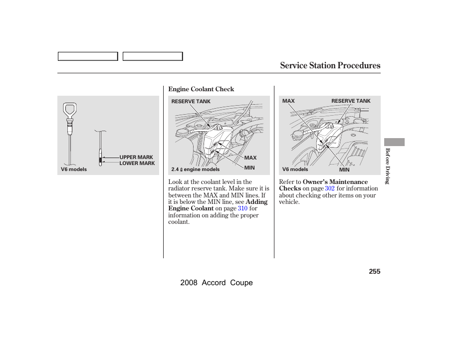 Service station procedures, 2008 accord coupe | HONDA 2008 Accord Coupe - Owner's Manual User Manual | Page 258 / 412