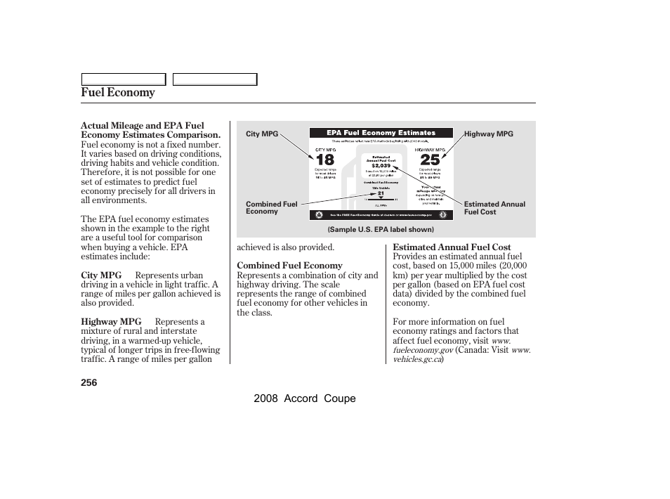 Fuel economy | HONDA 2008 Accord Coupe - Owner's Manual User Manual | Page 259 / 412