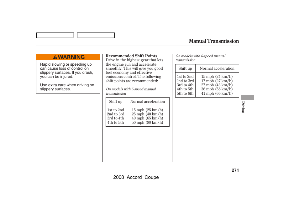 Manual transmission | HONDA 2008 Accord Coupe - Owner's Manual User Manual | Page 274 / 412