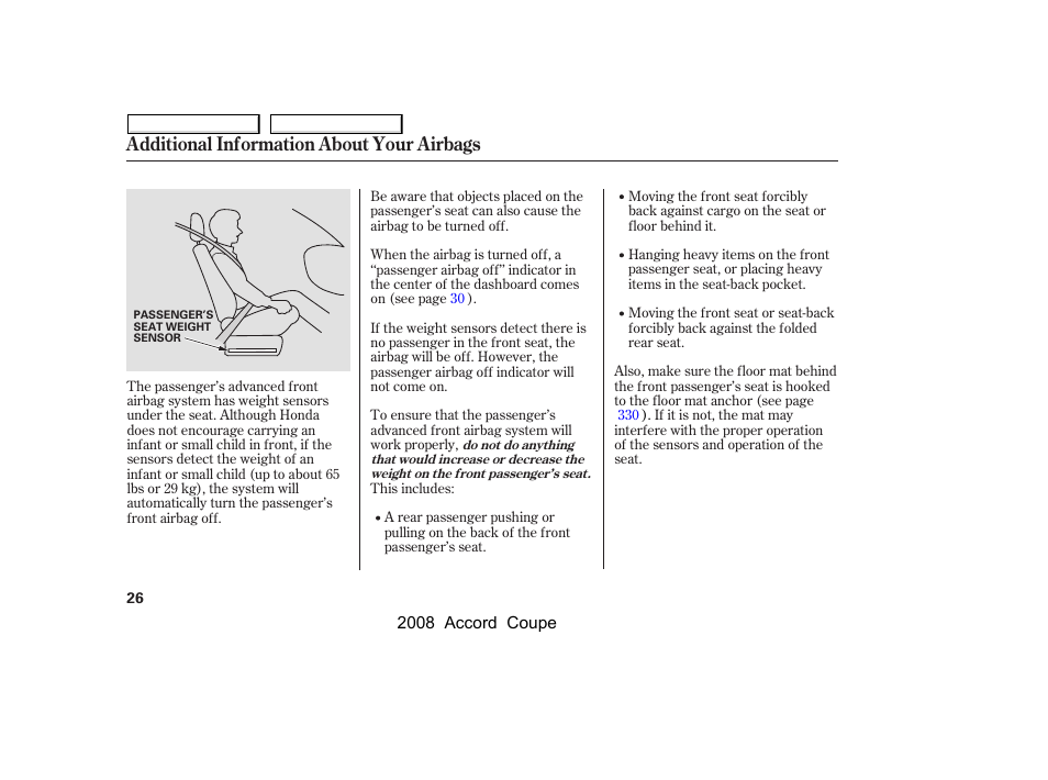 Additional information about your airbags | HONDA 2008 Accord Coupe - Owner's Manual User Manual | Page 29 / 412