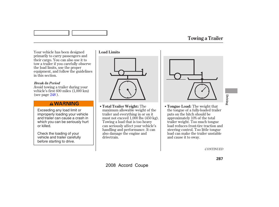 Towing a trailer | HONDA 2008 Accord Coupe - Owner's Manual User Manual | Page 290 / 412