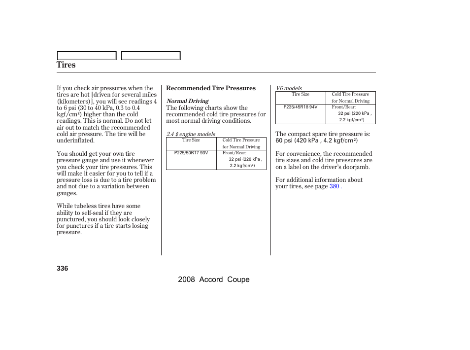 Tires, 2008 accord coupe | HONDA 2008 Accord Coupe - Owner's Manual User Manual | Page 339 / 412