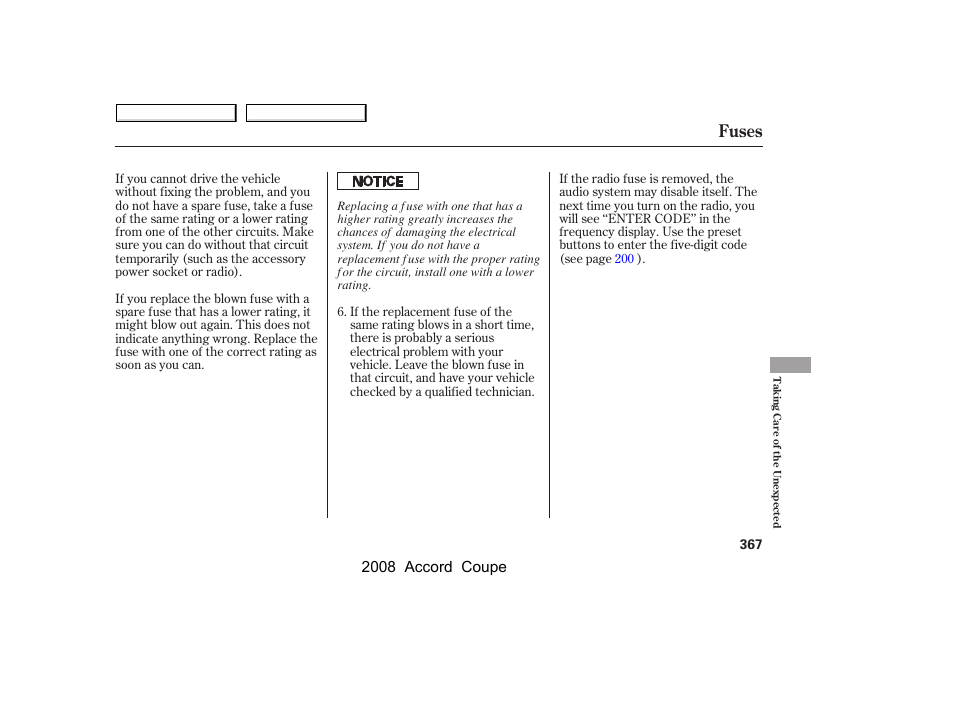 Fuses, 2008 accord coupe | HONDA 2008 Accord Coupe - Owner's Manual User Manual | Page 370 / 412