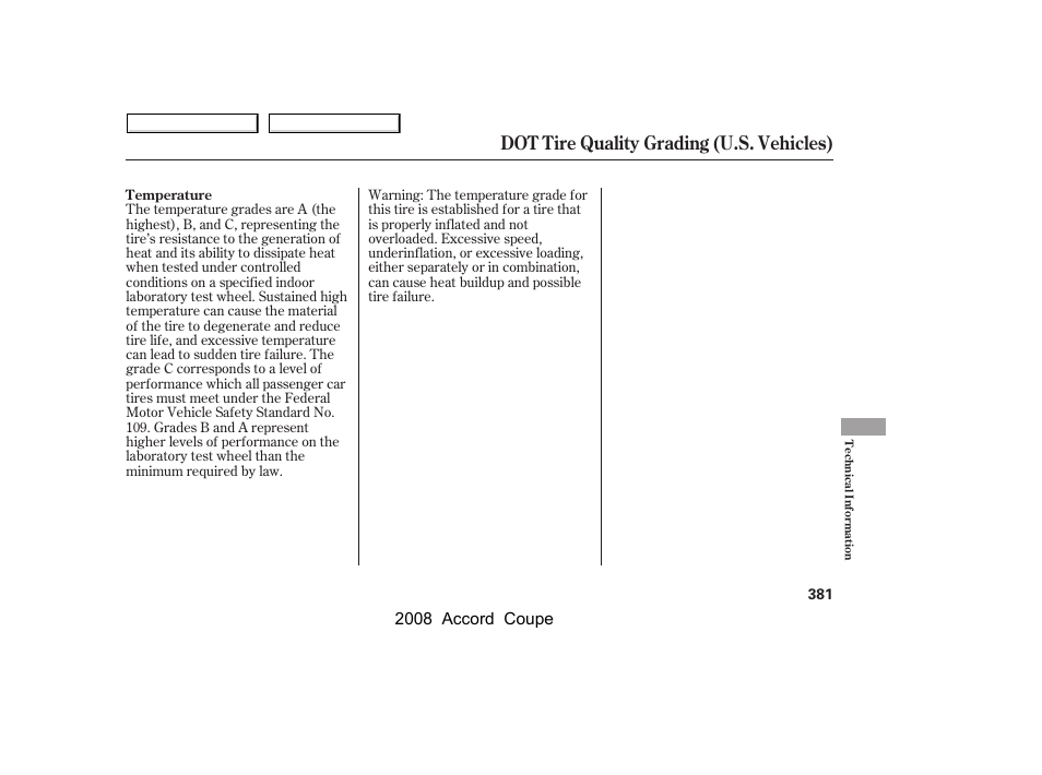 Dot tire quality grading (u.s. vehicles) | HONDA 2008 Accord Coupe - Owner's Manual User Manual | Page 384 / 412