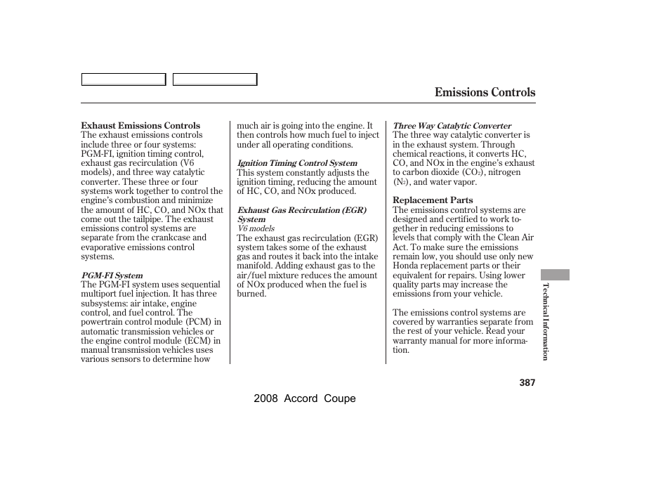 Emissions controls, 2008 accord coupe | HONDA 2008 Accord Coupe - Owner's Manual User Manual | Page 390 / 412