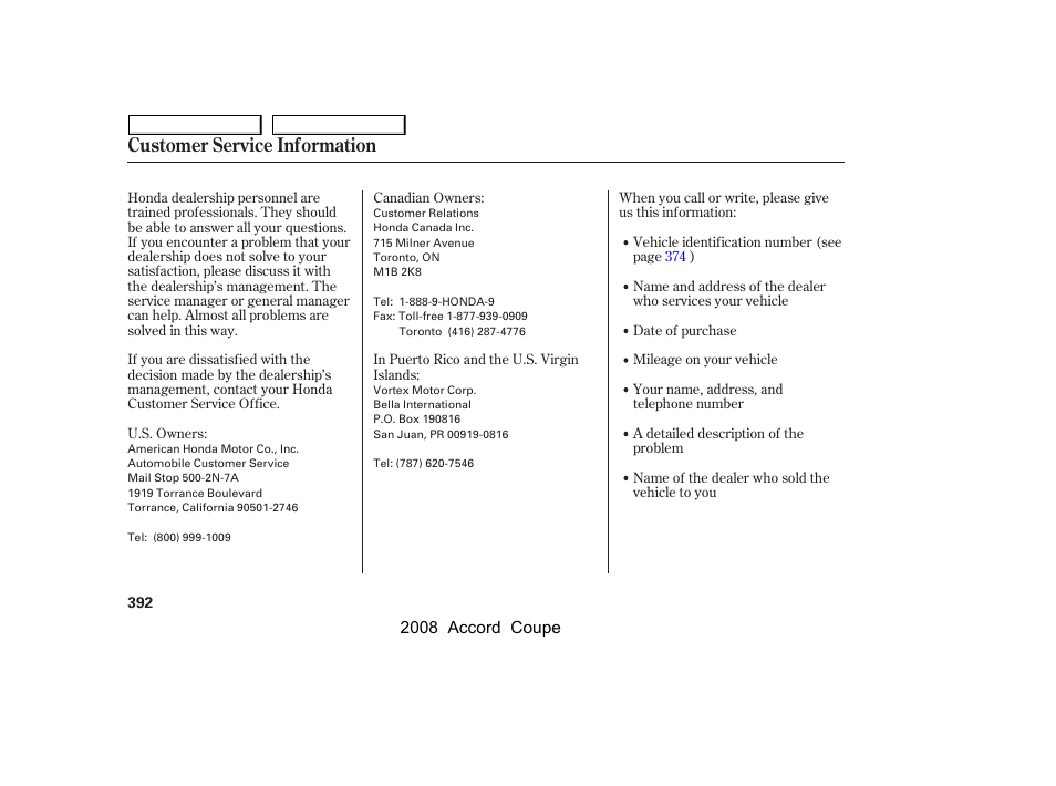 Customer service information | HONDA 2008 Accord Coupe - Owner's Manual User Manual | Page 395 / 412