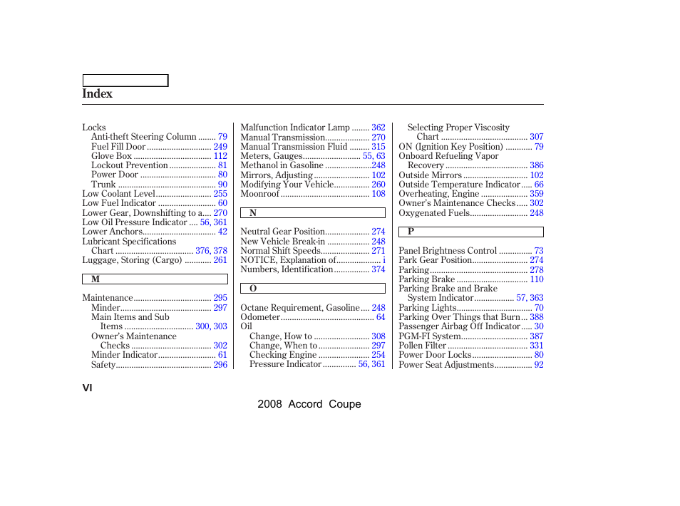 Index | HONDA 2008 Accord Coupe - Owner's Manual User Manual | Page 405 / 412