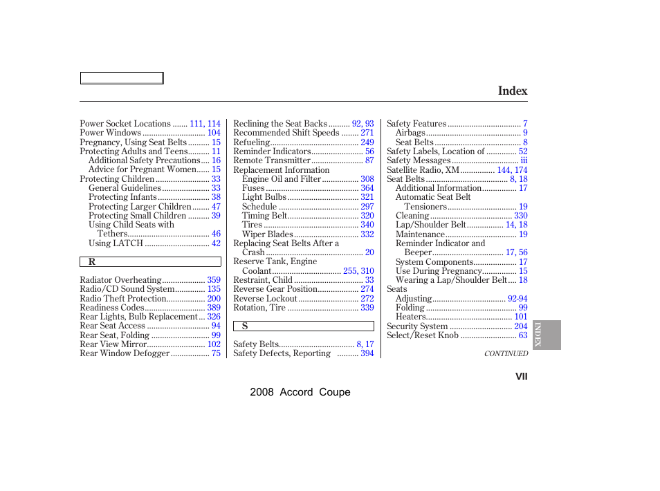 Index | HONDA 2008 Accord Coupe - Owner's Manual User Manual | Page 406 / 412