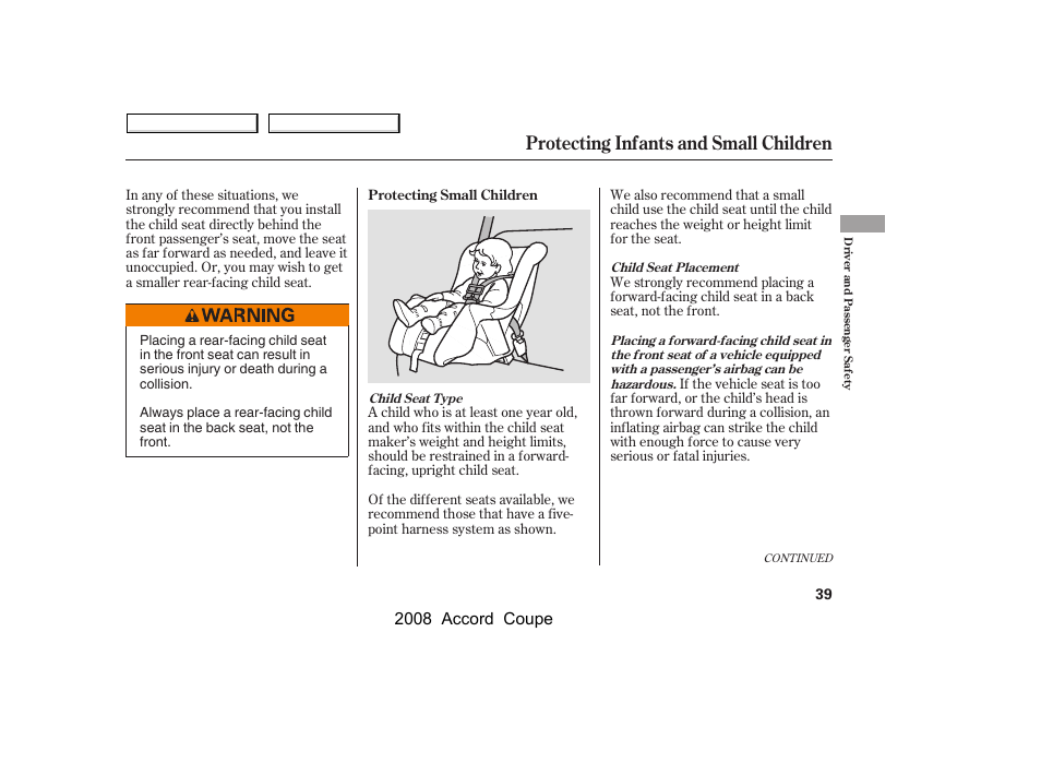 Protecting infants and small children, 2008 accord coupe | HONDA 2008 Accord Coupe - Owner's Manual User Manual | Page 42 / 412