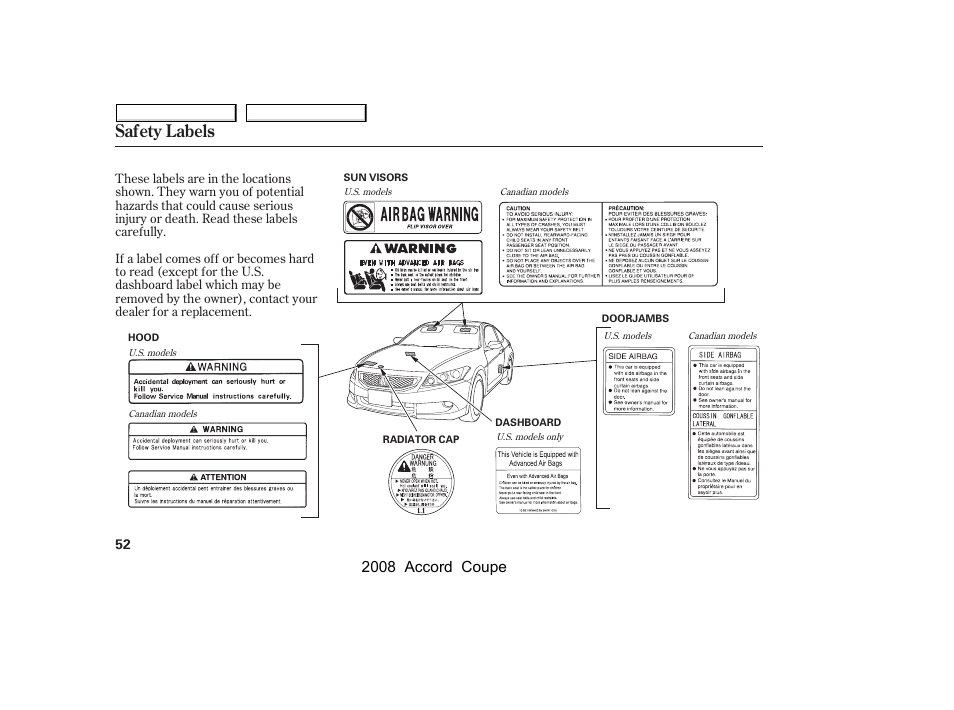 Safety labels, 2008 accord coupe | HONDA 2008 Accord Coupe - Owner's Manual User Manual | Page 55 / 412