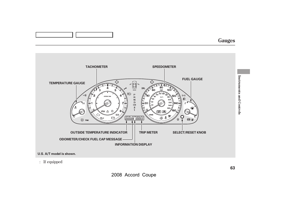 Gauges, 2008 accord coupe | HONDA 2008 Accord Coupe - Owner's Manual User Manual | Page 66 / 412