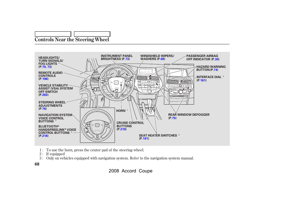 Controls near the steering wheel, 2008 accord coupe | HONDA 2008 Accord Coupe - Owner's Manual User Manual | Page 71 / 412