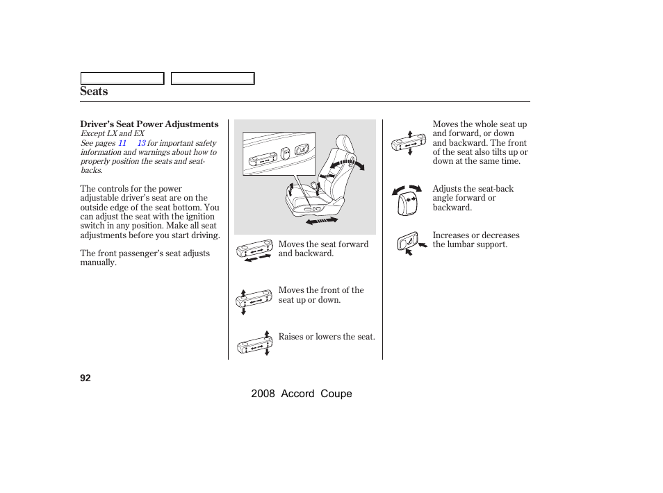 Seats | HONDA 2008 Accord Coupe - Owner's Manual User Manual | Page 95 / 412