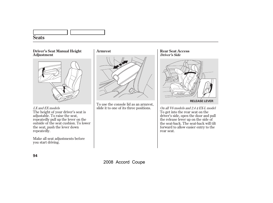 Seats | HONDA 2008 Accord Coupe - Owner's Manual User Manual | Page 97 / 412