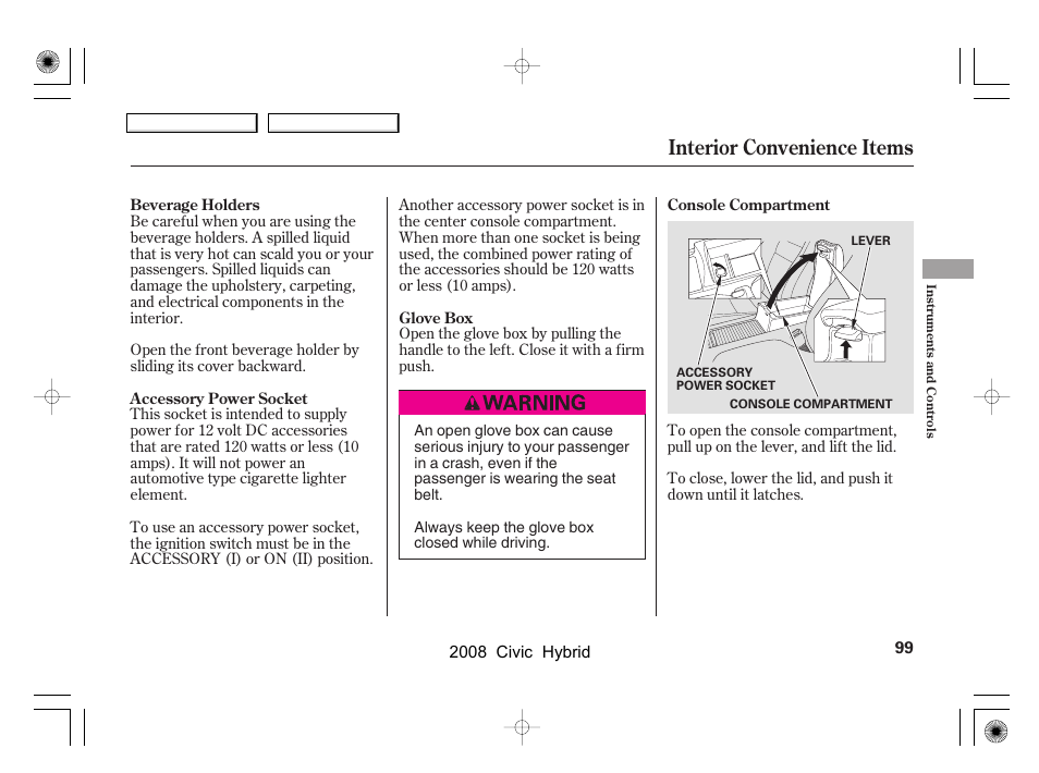 Interior convenience items | HONDA 2008 Civic Hybrid - Owner's Manual User Manual | Page 102 / 300