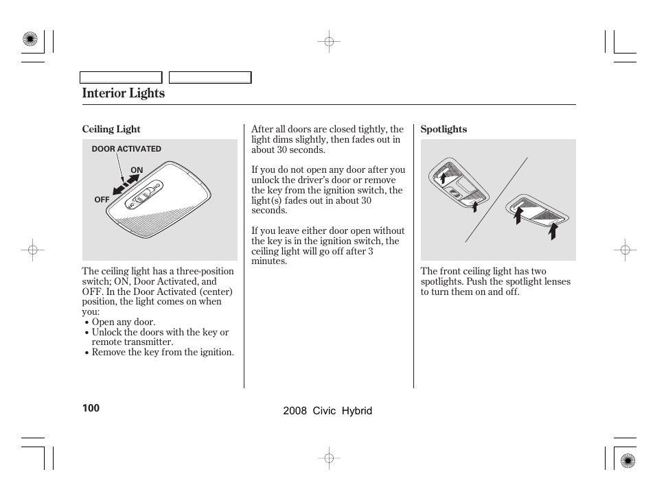 Interior lights | HONDA 2008 Civic Hybrid - Owner's Manual User Manual | Page 103 / 300