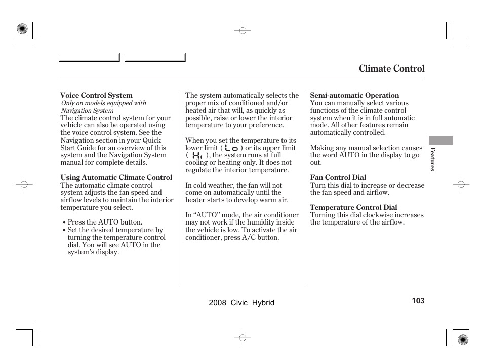 Climate control | HONDA 2008 Civic Hybrid - Owner's Manual User Manual | Page 106 / 300