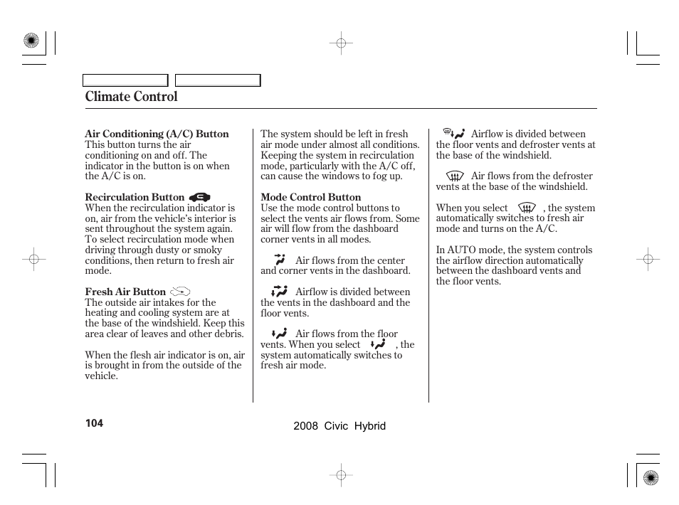 Climate control | HONDA 2008 Civic Hybrid - Owner's Manual User Manual | Page 107 / 300