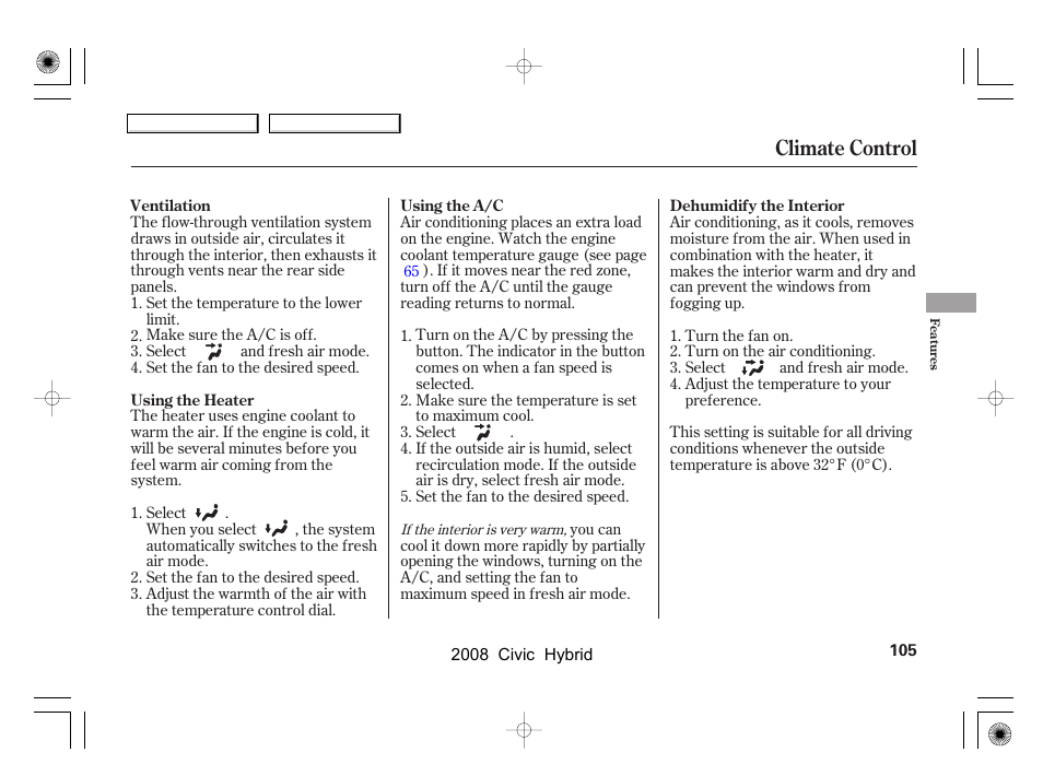 Climate control | HONDA 2008 Civic Hybrid - Owner's Manual User Manual | Page 108 / 300