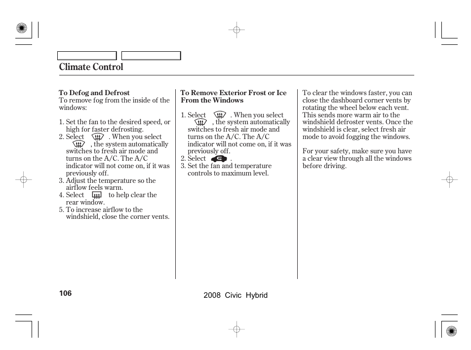 Climate control | HONDA 2008 Civic Hybrid - Owner's Manual User Manual | Page 109 / 300