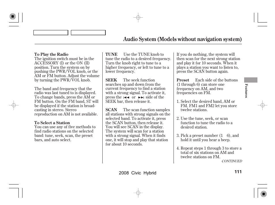 Audio system (models without navigation system) | HONDA 2008 Civic Hybrid - Owner's Manual User Manual | Page 114 / 300