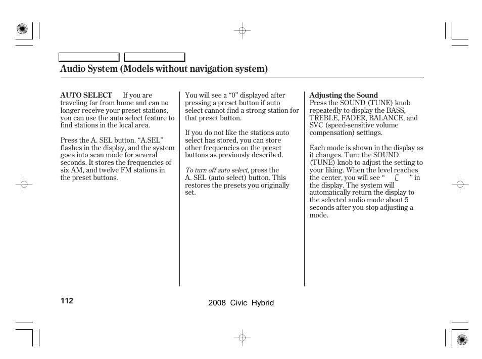 Audio system (models without navigation system) | HONDA 2008 Civic Hybrid - Owner's Manual User Manual | Page 115 / 300