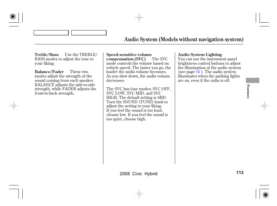 Audio system (models without navigation system) | HONDA 2008 Civic Hybrid - Owner's Manual User Manual | Page 116 / 300