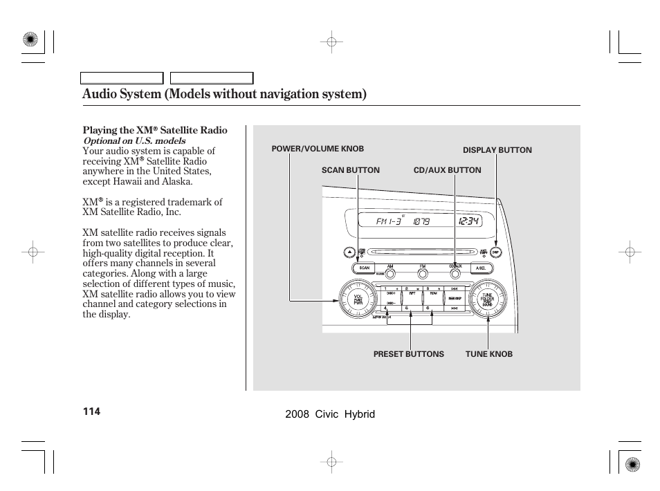 Audio system (models without navigation system) | HONDA 2008 Civic Hybrid - Owner's Manual User Manual | Page 117 / 300