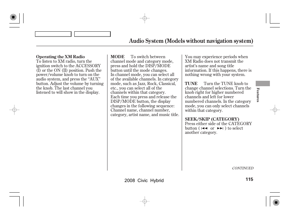 Audio system (models without navigation system) | HONDA 2008 Civic Hybrid - Owner's Manual User Manual | Page 118 / 300