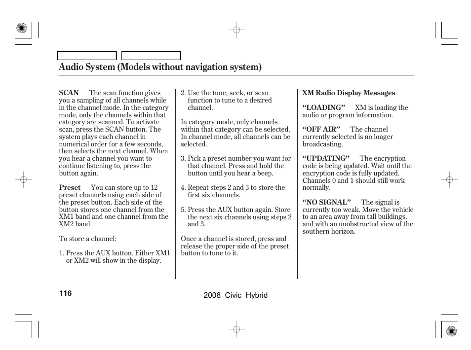 Audio system (models without navigation system) | HONDA 2008 Civic Hybrid - Owner's Manual User Manual | Page 119 / 300