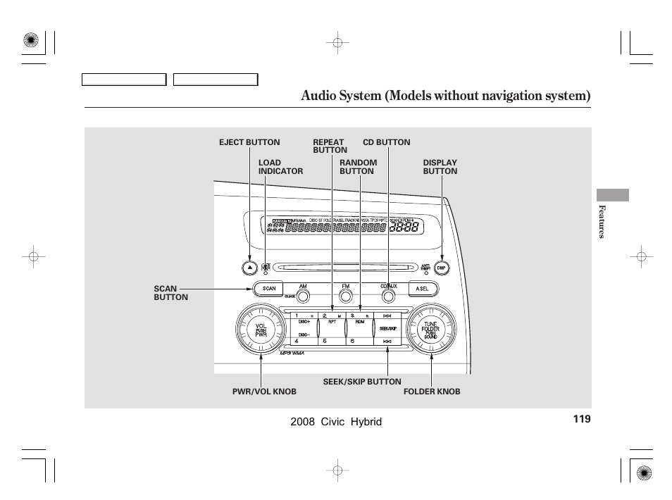 Audio system (models without navigation system) | HONDA 2008 Civic Hybrid - Owner's Manual User Manual | Page 122 / 300