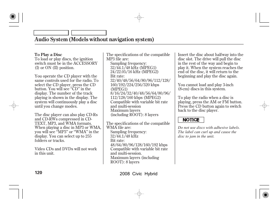 Audio system (models without navigation system) | HONDA 2008 Civic Hybrid - Owner's Manual User Manual | Page 123 / 300