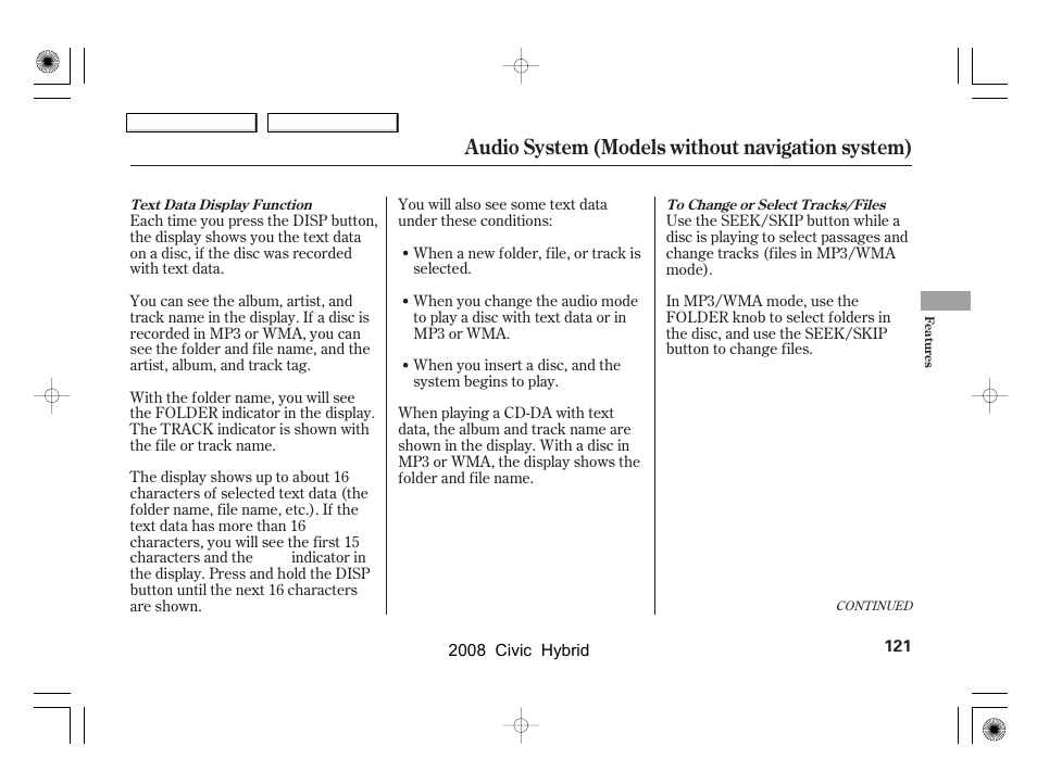 Audio system (models without navigation system) | HONDA 2008 Civic Hybrid - Owner's Manual User Manual | Page 124 / 300