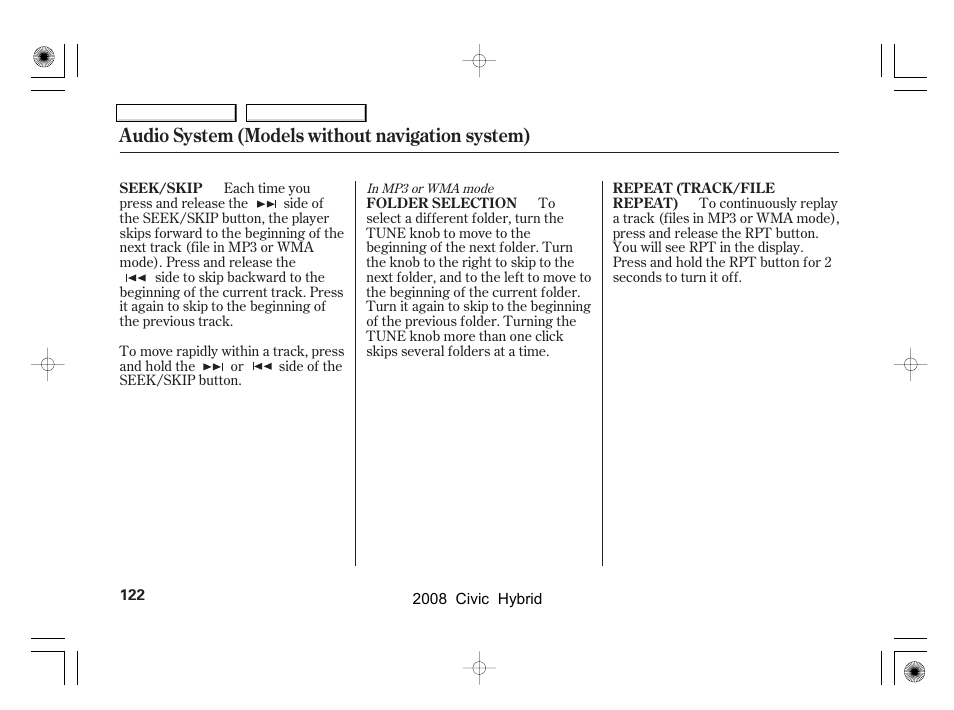 Audio system (models without navigation system) | HONDA 2008 Civic Hybrid - Owner's Manual User Manual | Page 125 / 300