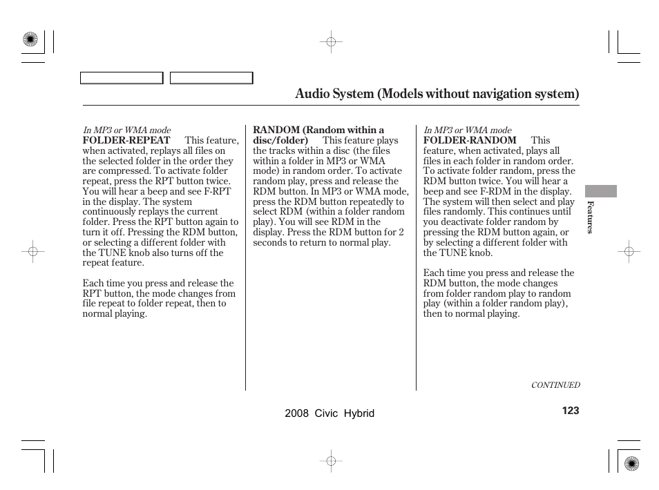 Audio system (models without navigation system) | HONDA 2008 Civic Hybrid - Owner's Manual User Manual | Page 126 / 300