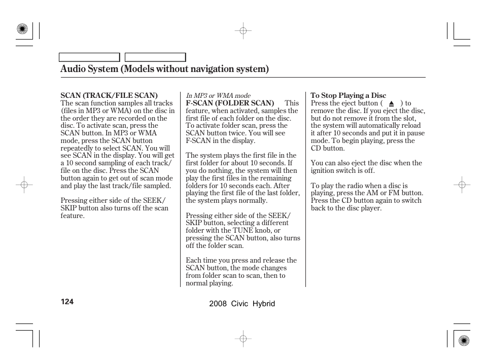 Audio system (models without navigation system) | HONDA 2008 Civic Hybrid - Owner's Manual User Manual | Page 127 / 300