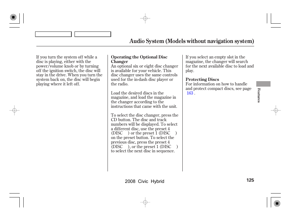 Audio system (models without navigation system) | HONDA 2008 Civic Hybrid - Owner's Manual User Manual | Page 128 / 300