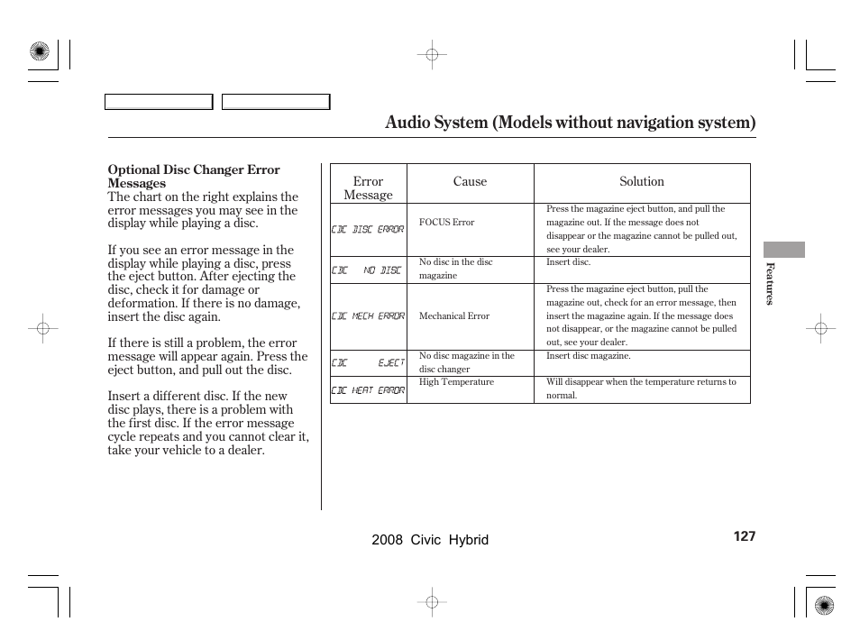 Audio system (models without navigation system) | HONDA 2008 Civic Hybrid - Owner's Manual User Manual | Page 130 / 300