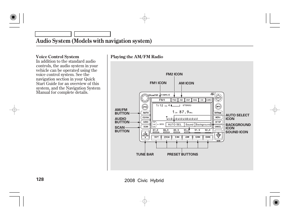 Audio system (models with navigation system) | HONDA 2008 Civic Hybrid - Owner's Manual User Manual | Page 131 / 300