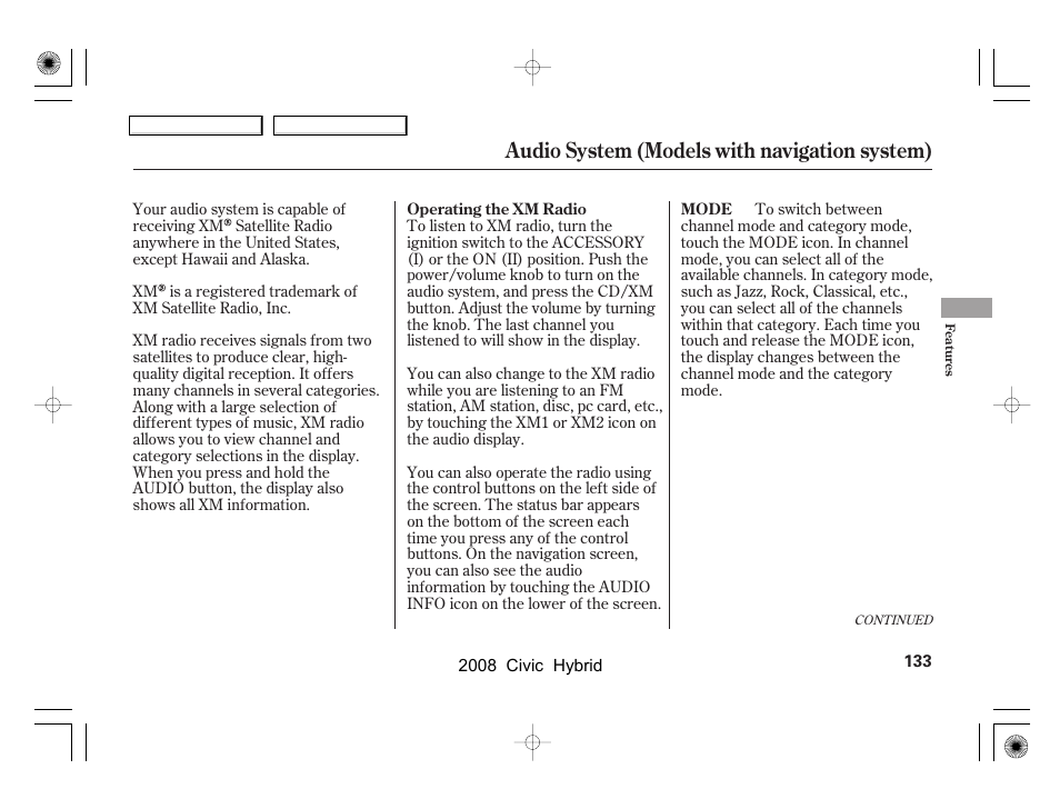 Audio system (models with navigation system) | HONDA 2008 Civic Hybrid - Owner's Manual User Manual | Page 136 / 300