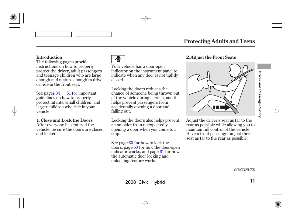 Protecting adults and teens | HONDA 2008 Civic Hybrid - Owner's Manual User Manual | Page 14 / 300