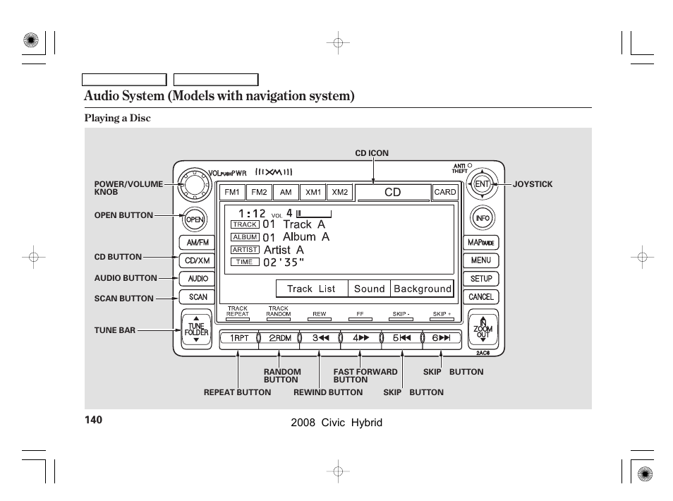 Audio system (models with navigation system) | HONDA 2008 Civic Hybrid - Owner's Manual User Manual | Page 143 / 300