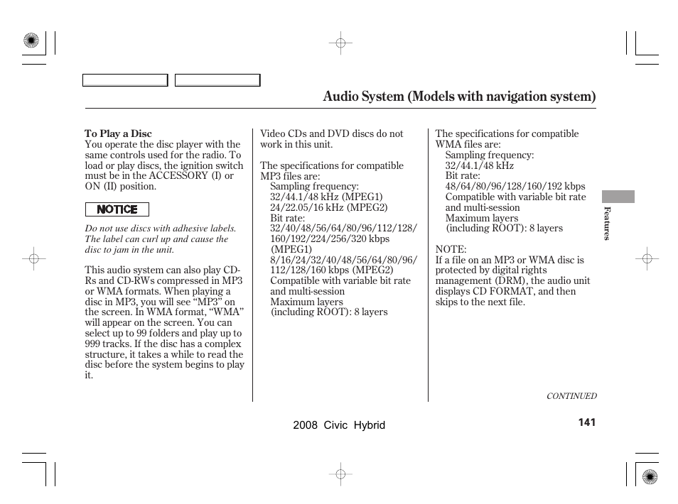 Audio system (models with navigation system) | HONDA 2008 Civic Hybrid - Owner's Manual User Manual | Page 144 / 300