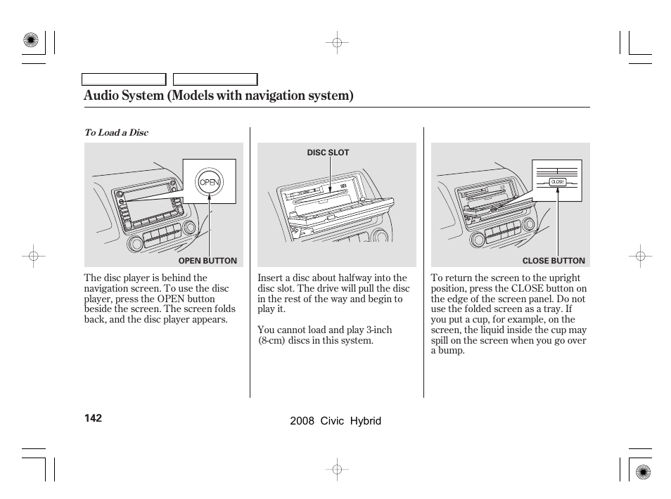 Audio system (models with navigation system) | HONDA 2008 Civic Hybrid - Owner's Manual User Manual | Page 145 / 300