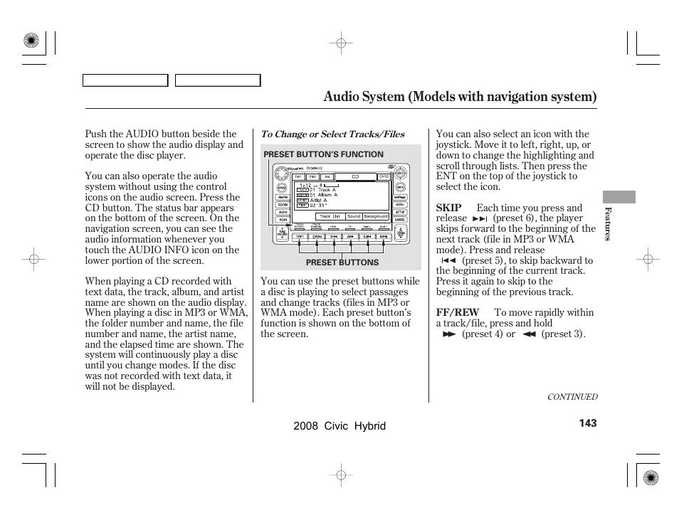 Audio system (models with navigation system) | HONDA 2008 Civic Hybrid - Owner's Manual User Manual | Page 146 / 300