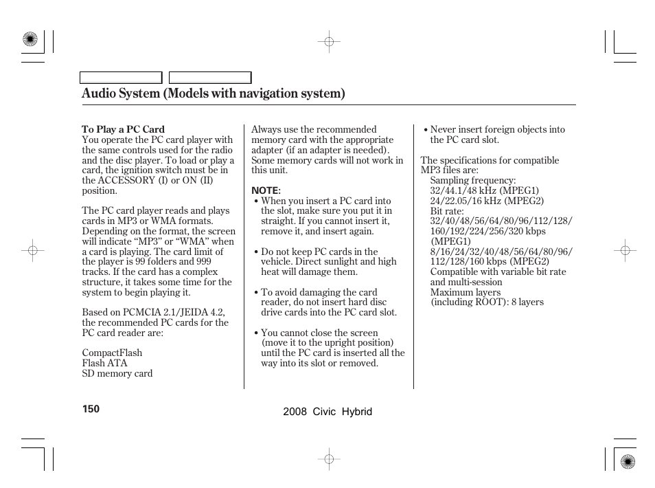 Audio system (models with navigation system) | HONDA 2008 Civic Hybrid - Owner's Manual User Manual | Page 153 / 300