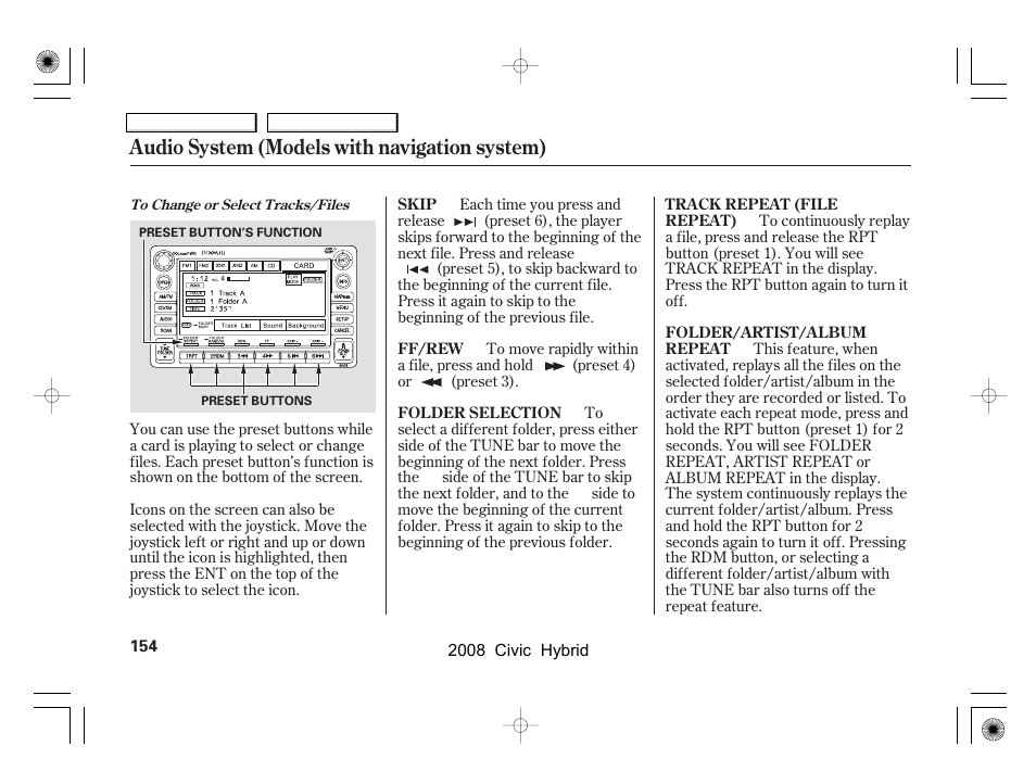 Audio system (models with navigation system) | HONDA 2008 Civic Hybrid - Owner's Manual User Manual | Page 157 / 300